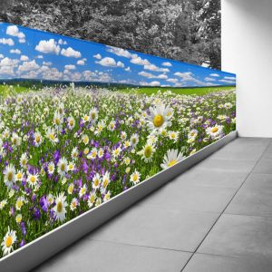 Lumaléa - Brise vue Trompe l'oeil - 80x320 cm - Champs de fleurs - Recto Imprimé / Verso BlancBâche Micro Perforée - 80% d'occultation