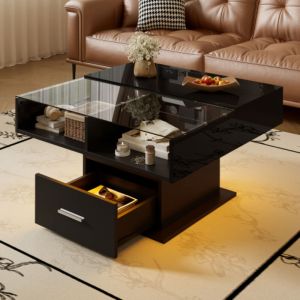 Table basse relevable noire haute brillance avec &eacute;clairage LED, 78x78x45 cm