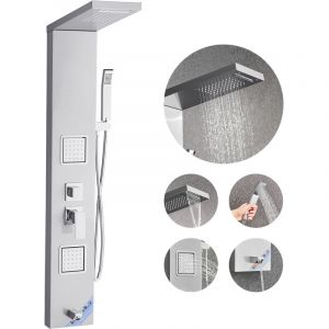 VEVOR Colonne de douche avec pommeau de douche effet pluie, systeme de panneau de douchette mural en acier inox brosse, robinet 5 fonctions, avec 2