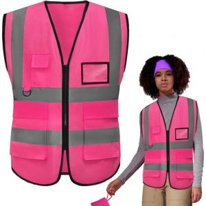 Rose Xl Gilet De S&eacute;curit&eacute; Avec Poches Et Fermeture &Eacute;clair,Gilet Fluorescent De S&eacute;curit&eacute;,Gilet De Securite Reflechissant,GiletFemme,Gilet