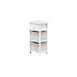 Relax4life - Table de Chevet en Bois de Paulownia Massif avec 3 Tiroirs Style Simple Rustique, Table de Nuit à 3 Niveaux avec 2 Tiroirs en Osier pour