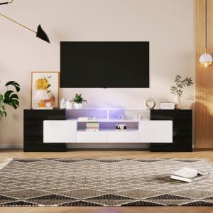 Meuble TV 200 cm Blanc laqu&eacute; brillant / &Eacute;clairage LED int&eacute;gr&eacute; / Surface verre &eacute;l&eacute;gant / Meuble salon moderne et s&eacute;curis&eacute;