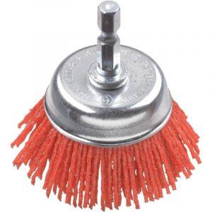 Brosse boisseau, grossi&egrave;re, nylon abrasif, &Oslash; 50 mm pour bois, m&eacute;tal et m&eacute;taux non ferreux, brosse nylon pour perceuse y compris tige hexagonale E6.3,