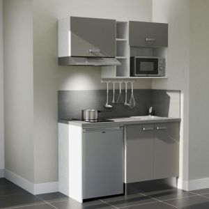 Cuisibane - Kitchenette K13L-PT - 140 cm - plan stratifi&eacute;, &eacute;vier inox, - Fa&ccedil;ade Gris - Plan Gris b&eacute;ton - Evier Inox - Cr&eacute;dences Oui + Electrom&eacute;nager