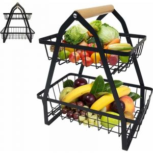 Corbeille &agrave; fruits 2 &eacute;tages Corbeille &agrave; fruits Rack,&Eacute;tag&egrave;re &agrave; &eacute;pices Debout amovible,avec poign&eacute;e en bois Corbeille &agrave; pain - Yardin