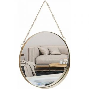 Miroir Suspendu, 25 x 25 cm Miroir de Maquillage de Salle de Bain Rond Cadre en Laiton avec chaîne de Suspension Style Simple [Petite Taille]