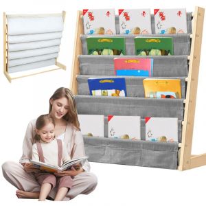 Biblioth&egrave;que pour enfants avec poche, 6 niveaux, bois naturel, &eacute;tag&egrave;re de rangement pour livres