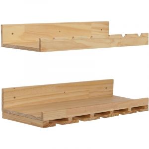 Lot de 2 casiers à vin HHG-707, porte-verres/bouteilles Bar mural pour 6 bouteilles/15 verres Bois certifié MVG 61 x 28 cm, naturel