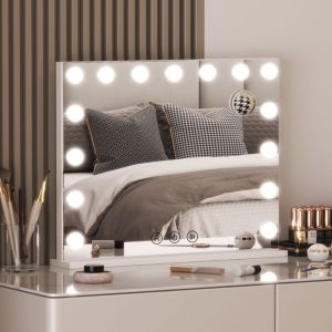 Miroir de maquillage LED avec lampe Hollywood miroir de maquillage intelligent Loupe 10x contr&ocirc;le tactile 3 couleurs dimmable 15 ampoules blanc 58cm