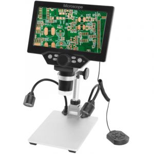 Microscope num&eacute;rique B1200, grand &eacute;cran couleur 7 pouces, LCD &agrave; large base, 12 MP, grossissement continu 1-1200x, avec support m&eacute;tallique et deux