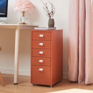 Caisson de bureau K&ouml;kar &agrave; roulettes avec 5 tiroirs 69 x 28 x 41 cm rouge brique [en.casa]