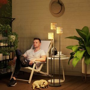 Lampadaire Solaire en Rotin Style Boh&egrave;me avec 3 Lumi&egrave;res et Capteur de Lumi&egrave;re, IP44 &Eacute;tanche &Oslash;37xH144 cm, &Eacute;clairage Ext&eacute;rieur Automatique pour