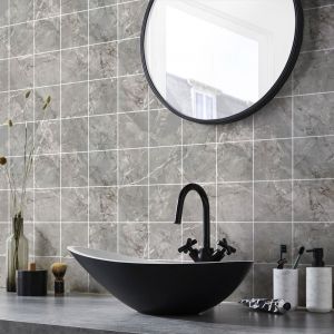 Sticker Mural Carrelage adhésif Cuisine Salle de Bain - 24 stickers carrelages marbre gris de obidos - 24stickers15x15cm