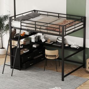 Lit mezzanine 140x200cm -Lit enfant, avec bureau et tiroir, lit simple, métal + mdf, sans matelas, noir
