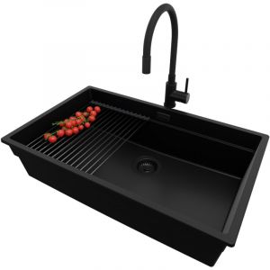 Primagran - Evier Sous Plan 76x47cm, Evier en Granit 1 bac + Robinet 40x38cm + Kit de Vidage + Égouttoir Enroulable, Évier au meuble 80cm - Prague,