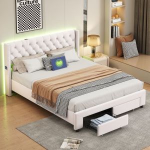 Tanant - Lit avec tiroirs 140x190cm, cadre de lit, tête de lit led décorée de rivets avec ports usb, 2 tiroirs, sommier à lattes en bois, lit adulte