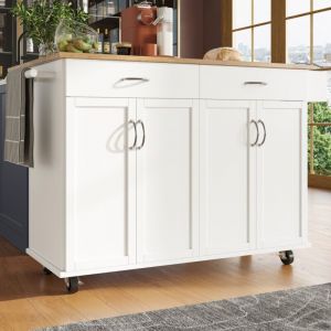 Desserte de cuisine multifonction blanche 106x50cm avec &icirc;lot, buffet, rangement, chariot mobile &agrave; grain de bois, table extensible pour salle &agrave; manger