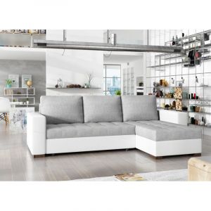 Meubler Design - Canapé d'angle convertible et réversible tissu gris clair et simili cuir blanc Zelly 237cm
