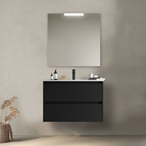 Abitare - Meuble de salle de bain suspendu 90 cm en bois noir satin&eacute; avec vasque int&eacute;gr&eacute; - Nova - Avec miroir et lampe led