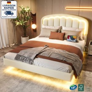 Lit double 160x200cm led, simili cuir, sans matelas, lit adulte, blanc,