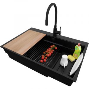 Primagran - Evier Cuisine en Granit 78x53cm, Lavabo 1 bac + Robinet 40x38cm + Kit de Vidage + Accessoires, Évier à Encastrer au meuble 80cm - Oslo
