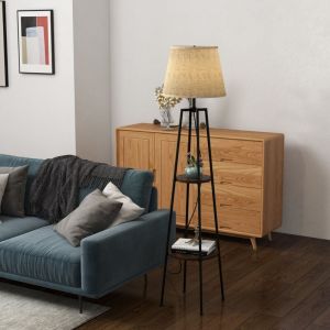 Lampadaire 2 étagères de rangement douille E27 40 W interrupteur à tirette abat-jour tissu 42 x 42 x 166 cm noir marron