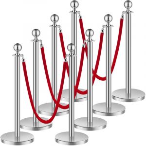 Poteau de guidage, 8 pcs, barriere de balisage pour controle de foules, avec base creuse, 4 cordes velours rouge et poteaux argentes en acier inox,
