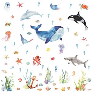 Stickers Muraux Sous la Mer Poissons Tropicaux Autocollants Muraux Mural Stickers Tortue Océan Algues pour Chambre Enfants Bébé Pépinière Salle de