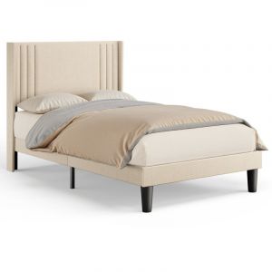 Bealife - Lit Simple Capitonné 120 x 200 cm avec Tête de Lit pour Rangement Sommier à Lattes Tissu en Lin Lit Enfant Adolescent Jaunâtre
