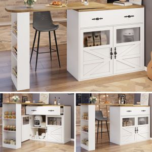 LEMONBEST &Icirc;lot de cuisine/bistrot mobile et extensible (138-204 cm),table bar avec plateau tournant 360&deg;, rangements int&eacute;gr&eacute;s,blanc