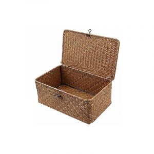 Alovez - Panier de rangement en jonc de mer avec couvercle, petit panier en osier, boîte de rangement en rotin naturel, panier à linge, osier