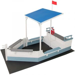 Bac a sable en bois en forme de bateau pirate avec toit et banc