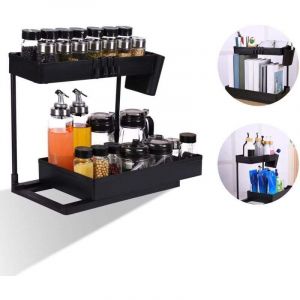 Panier &eacute;gouttoir d'&eacute;vier, Rangement sous &eacute;vier avec tiroir de rangement coulissant Rangement sous &eacute;vier &agrave; 2 niveaux avec 4 crochets Rangement sous