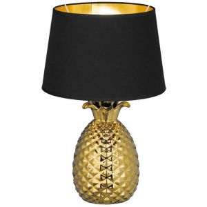 Lampe Ananas en C&eacute;ramique Dor&eacute;e avec Abat-jour Noir et Or H.45Cm