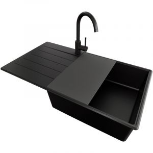 PRIMAGRAN Evier Cuisine en Granit 90x50cm, Lavabo 1 bac + Kit de Vidage + Accessoire, &Eacute;vier &agrave; Encastrer au meuble 60cm - Copenhague, Tout Noir