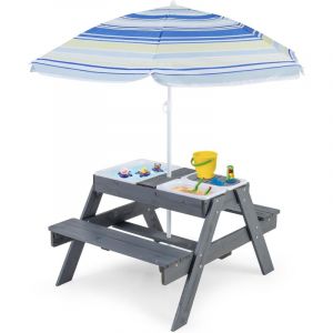 GOPLUS Table de Pique-Nique Enfant avec Banc, 4 en 1 Table d'Activit&eacute;s Convertible en Bois avec Parasol R&eacute;glable, Plateau et 3 Bacs Amovibles, Table
