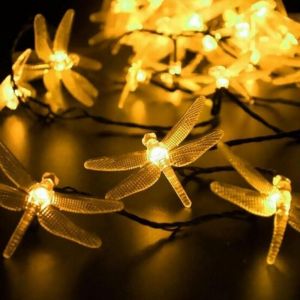 Guirlande lumineuse solaire - 6,5 m 30 LED - Libellule d&eacute;corative - Id&eacute;ale pour les f&ecirc;tes de No&euml;l - Lumi&egrave;re blanche chaude