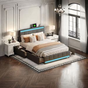 Lit 140x190cm, lit double avec 4 tiroirs et sommier à lattes, tête de lit avec éclairage usb et led, scandinave, velours - Gris