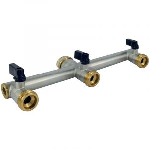 Nourrice 3 sorties avec robinets arriv&eacute;e femelle 20x27 et 3 sorties m&acirc;le 20x27 avec entraxe 110mm - FAUQUET