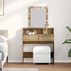 Coiffeuse en Bois d'Ing&eacute;nierie Ch&ecirc;ne Artisanal 80x41x144,5 cm avec Miroir LED et Rangements - Table de Maquillage Moderne pour Chambre