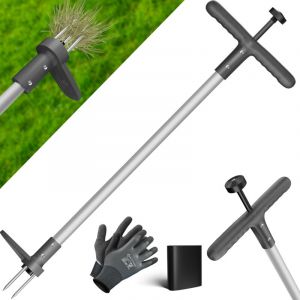 Couteau d&eacute;sherbeur avec manche D&eacute;sherbeur en aluminium avec poign&eacute;e en t et p&eacute;dale Outil de jardinage pour enlever les mauvaises herbes avec 3 dents
