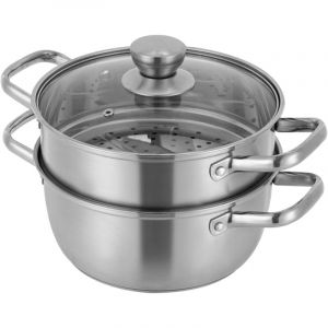 Cuiseur Vapeur et Casserole en Acier Inoxydable Argenté, Rond, 2 Niveaux, 0.26 Gallons, Adapté à Gaz, Induction, Électrique et Céramique