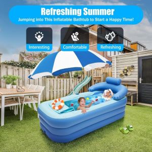 Baignoire pour adulte - En PVC - Pliable - Gonflable - Portable - Avec coussin et tuyau d'&eacute;vacuation pour bain chaud et glace - Bleu