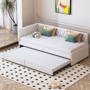 Lit gigogne 90x200 cm, canapé lit extensible, velours, sommier à lattes, lit enfant, lit d'appoint - Beige