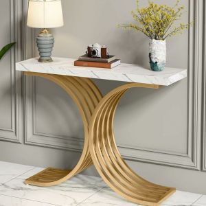 Tribesigns - Console Meuble, Table Console Blanche Meuble, 100 x 30 x 80 cm Petite Table de Présentation, Table d'Entrée de Bout de Canapé en Or,