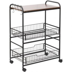 Desserte cuisine 3 niveaux, chariot de service, chariot de rangement &agrave; roulettes avec 2 paniers extractibles, &eacute;tag&egrave;re et crochets lat&eacute;raux, 60 x 38 x
