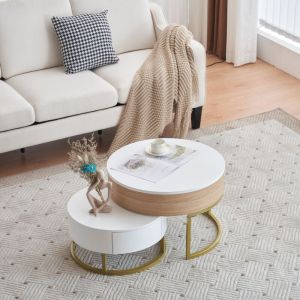 Lot de 2 table basse gigogne relevable avec 2 tiroirs, couleur blanc + naturel 70x70x57 cm