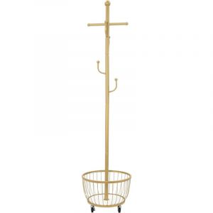 Porte-manteau d'entr&eacute;e avec panier de rangement, porte-manteau sur pied avec panier de rangement et roue mobile, 6 crochets, hauteur 168 cm, dor&eacute;