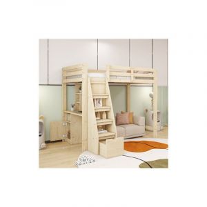 Okwish - Lit mezzanine 90x200 cm, lit simple d'enfant avec bibliothéque, table de travail et échelle de rangement, couleur bois, sans matelas
