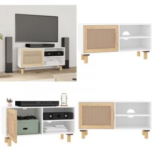 Meuble TV Blanc 80x30x40 cm Bois de pin massif et rotin naturel - Meubles Tv - Meuble Tv - Support Tv - Unit&eacute; Tv - Meuble Design - Home & Living